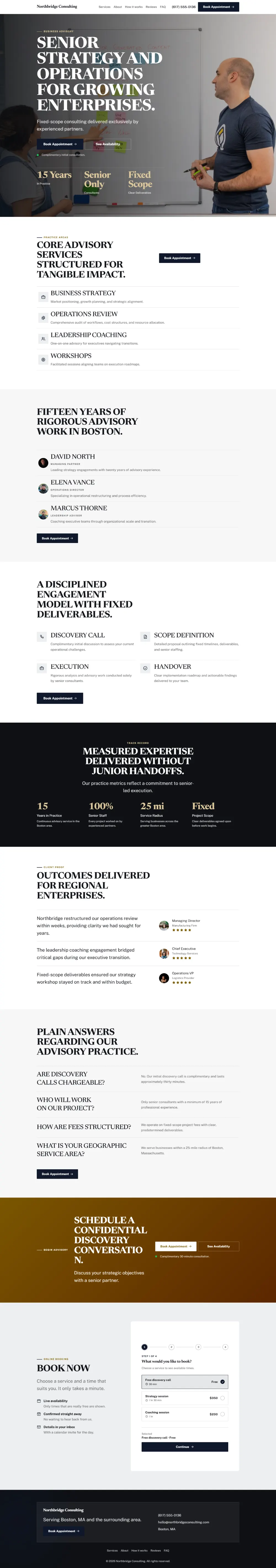 Luxury consulting website template, the whole home page: dark and understated, with a serif headline over a full-width photo