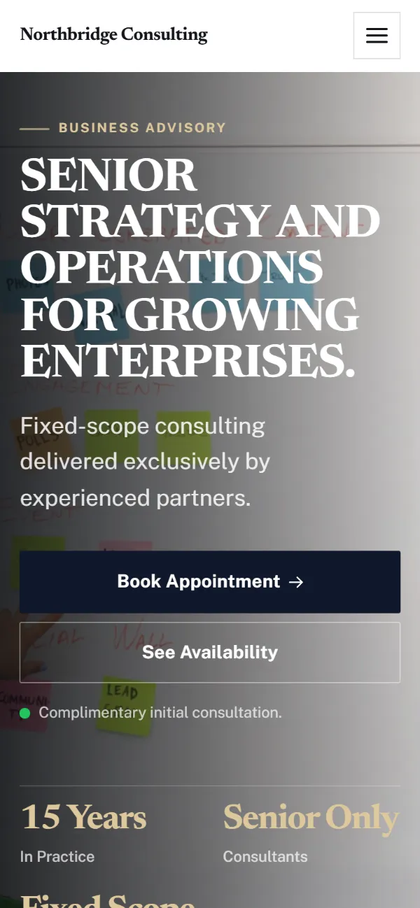 Luxury consulting website template on a phone: dark and understated, with a serif headline over a full-width photo