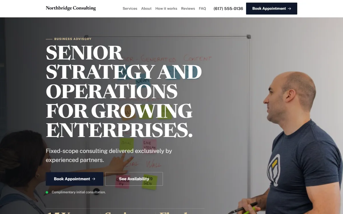 Luxury consulting website template: dark and understated, with a serif headline over a full-width photo