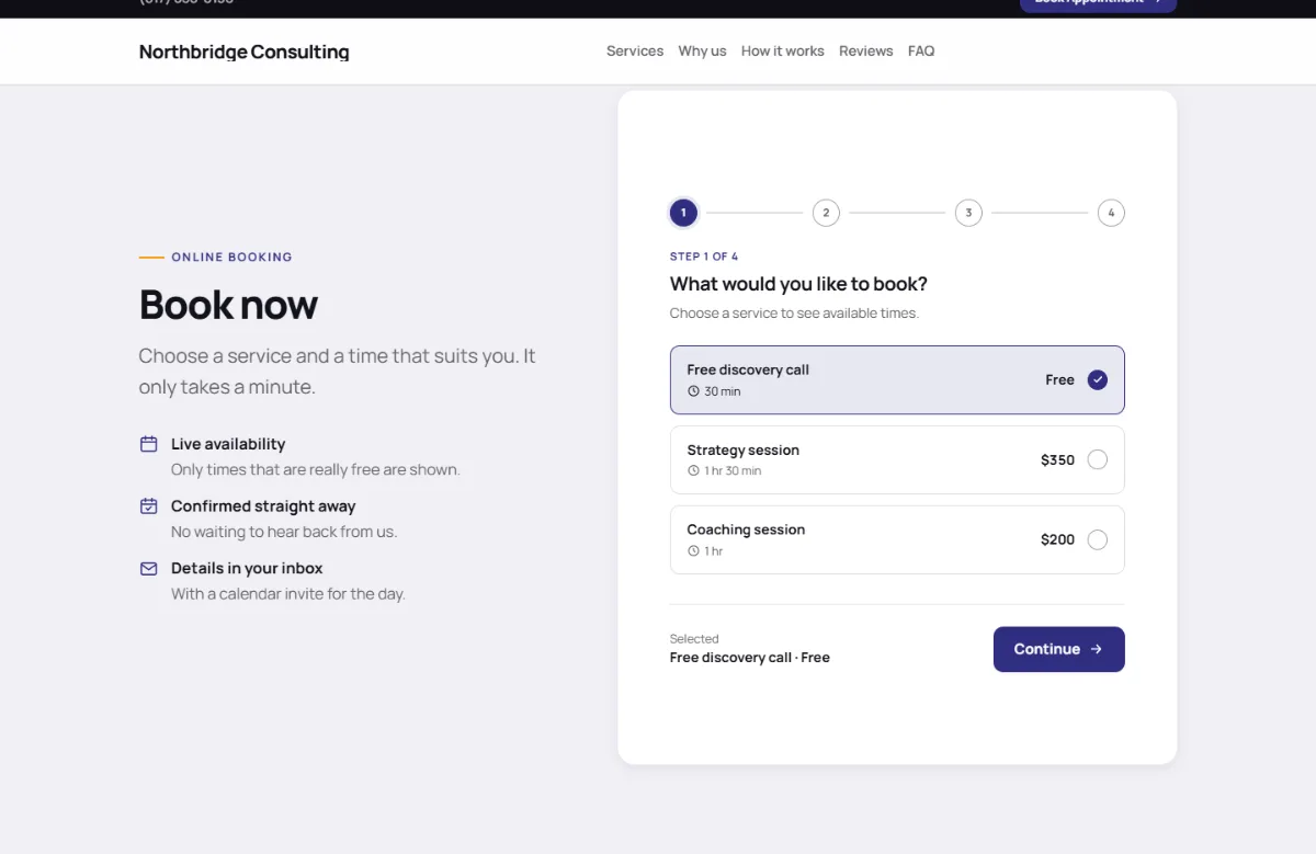 Online booking form on the Professional consulting website template: customers choose a service, then a free time