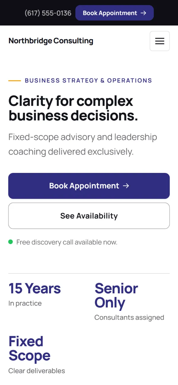 Professional consulting website template on a phone: clean and structured, with a photo beside the headline