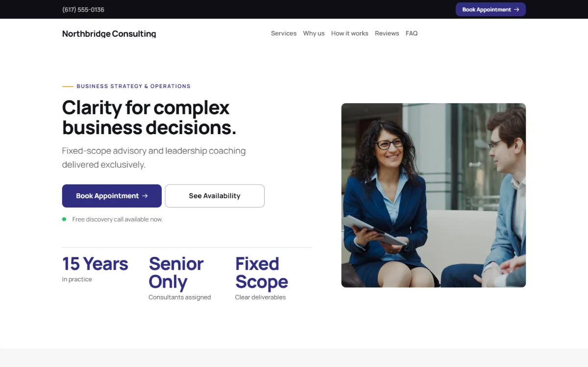 Professional consulting website template: clean and structured, with a photo beside the headline