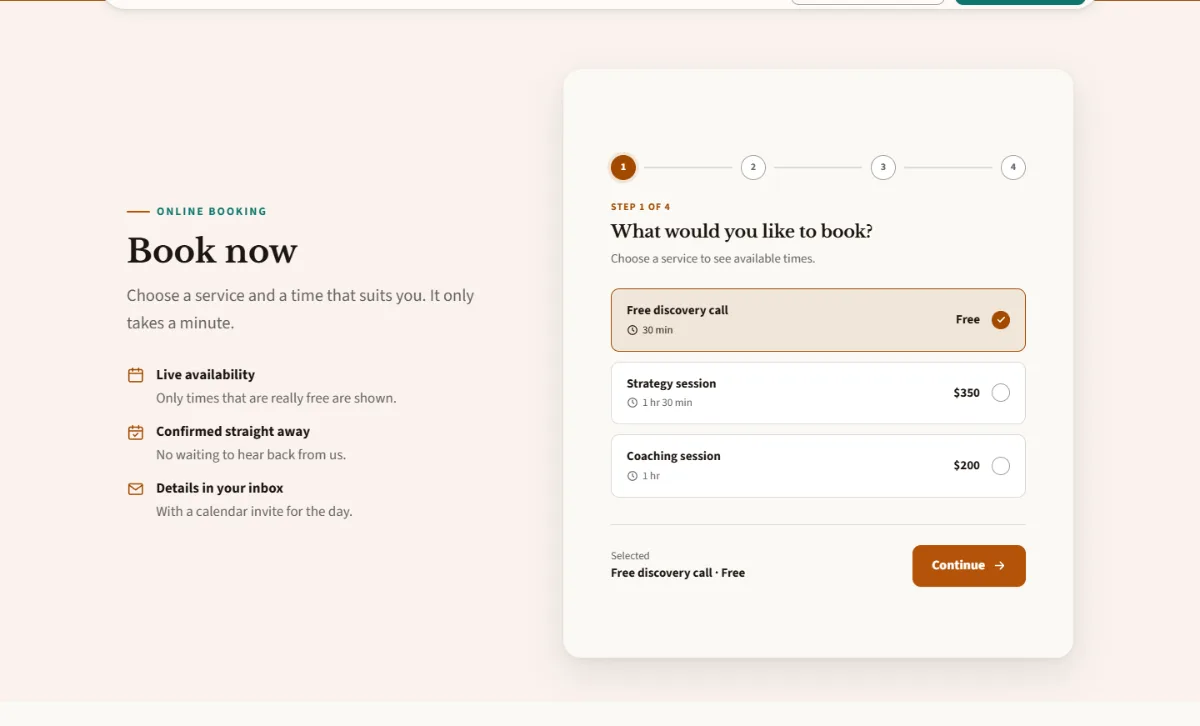 Online booking form on the Warm consulting website template: customers choose a service, then a free time