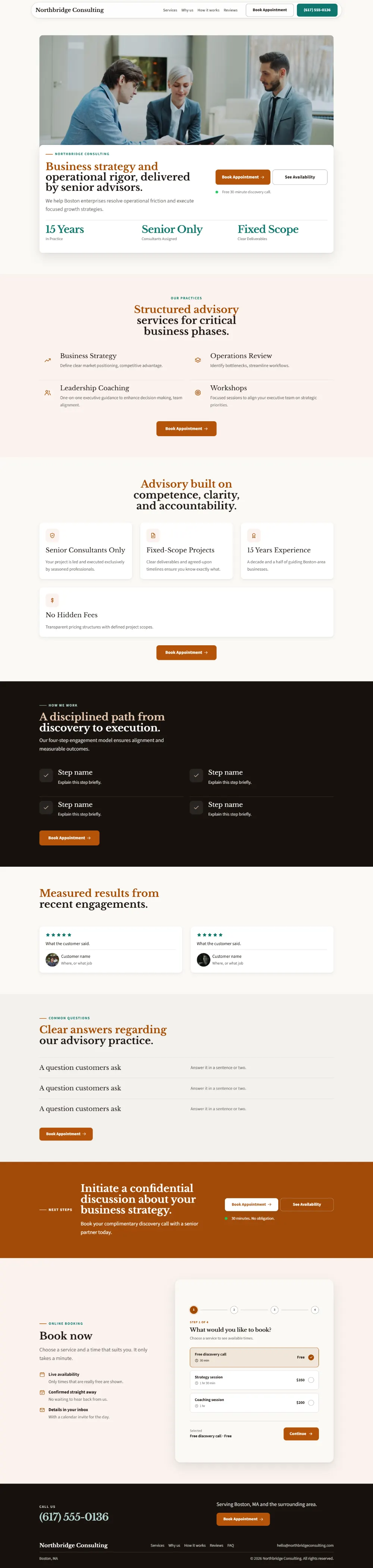 Warm consulting website template, the whole home page: soft cards and warm colours under a wide photo