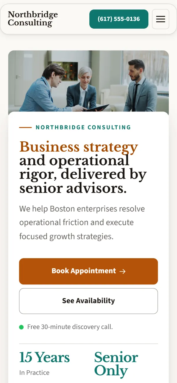 Warm consulting website template on a phone: soft cards and warm colours under a wide photo
