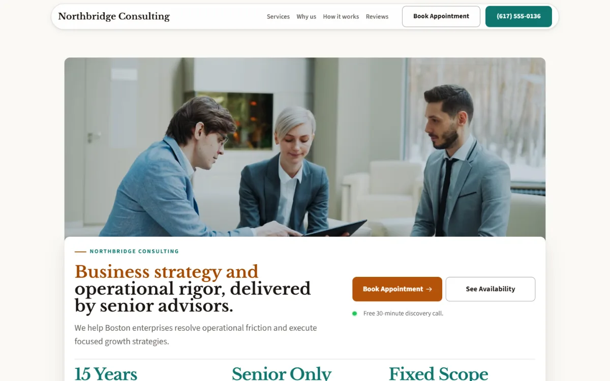 Warm consulting website template: soft cards and warm colours under a wide photo