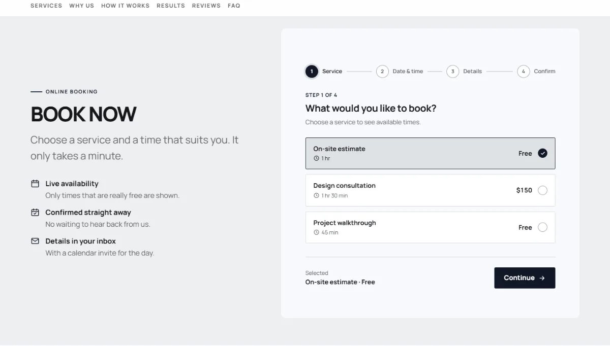Online booking form on the Bold contractor website template: customers choose a service, then a free time