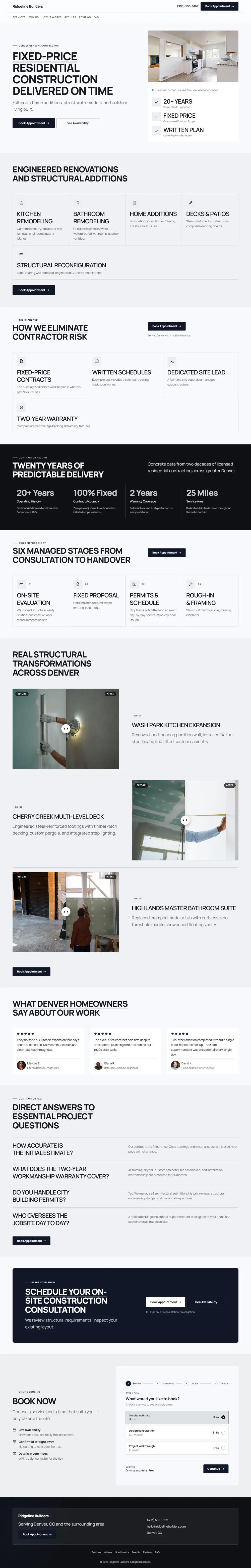 Bold contractor website template, the whole home page: a dark first screen, big capital headlines and one loud accent colour