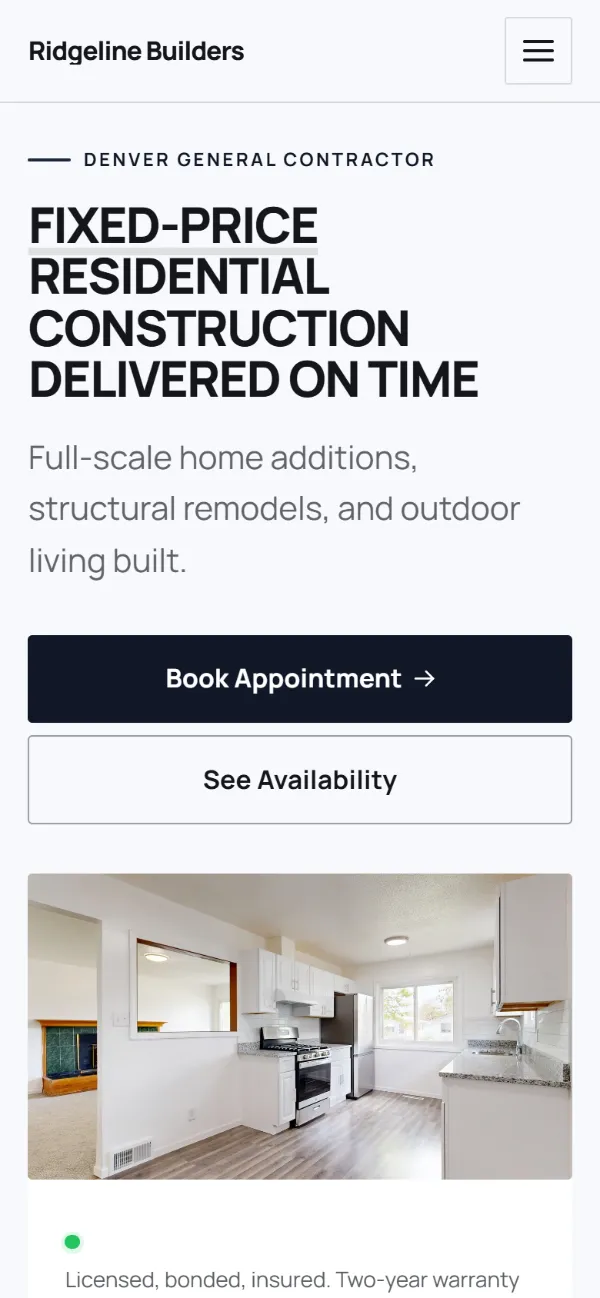 Bold contractor website template on a phone: a dark first screen, big capital headlines and one loud accent colour