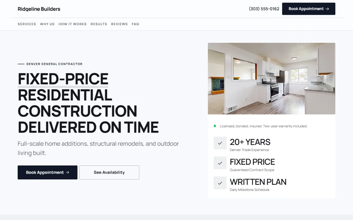 Bold contractor website template: a dark first screen, big capital headlines and one loud accent colour