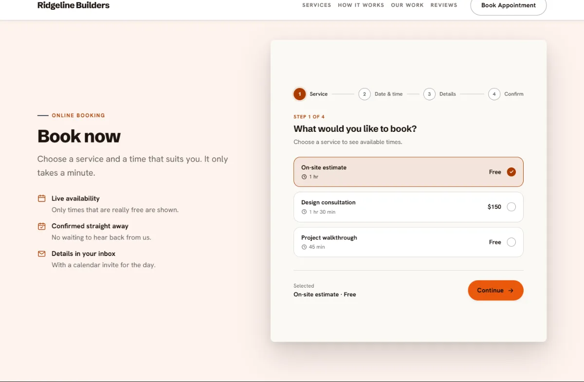 Online booking form on the Bright contractor website template: customers choose a service, then a free time
