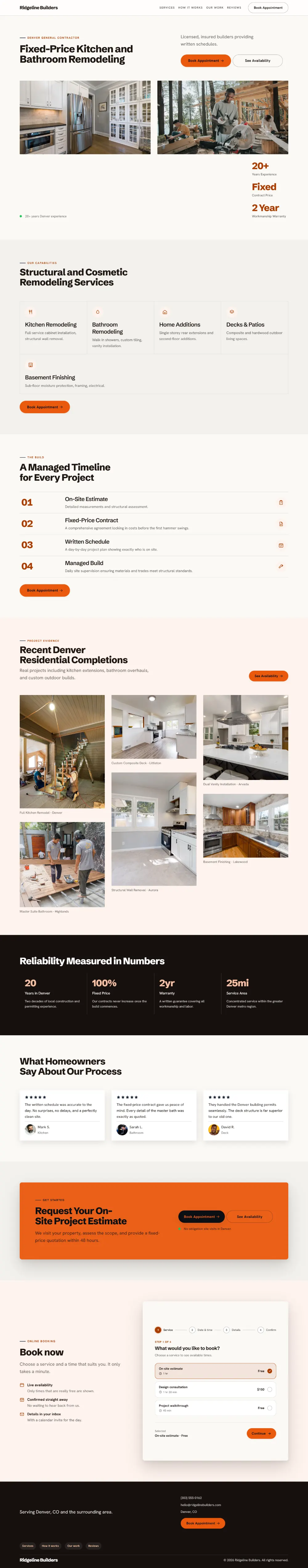 Bright contractor website template, the whole home page: light and airy, with two photos under the headline