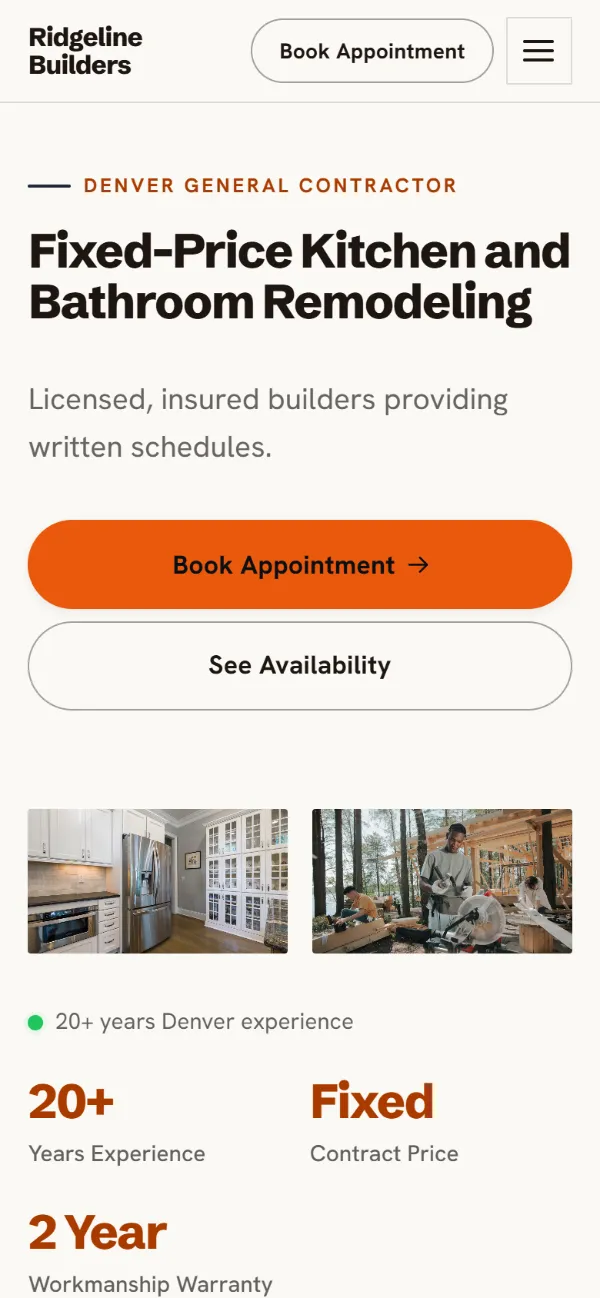 Bright contractor website template on a phone: light and airy, with two photos under the headline