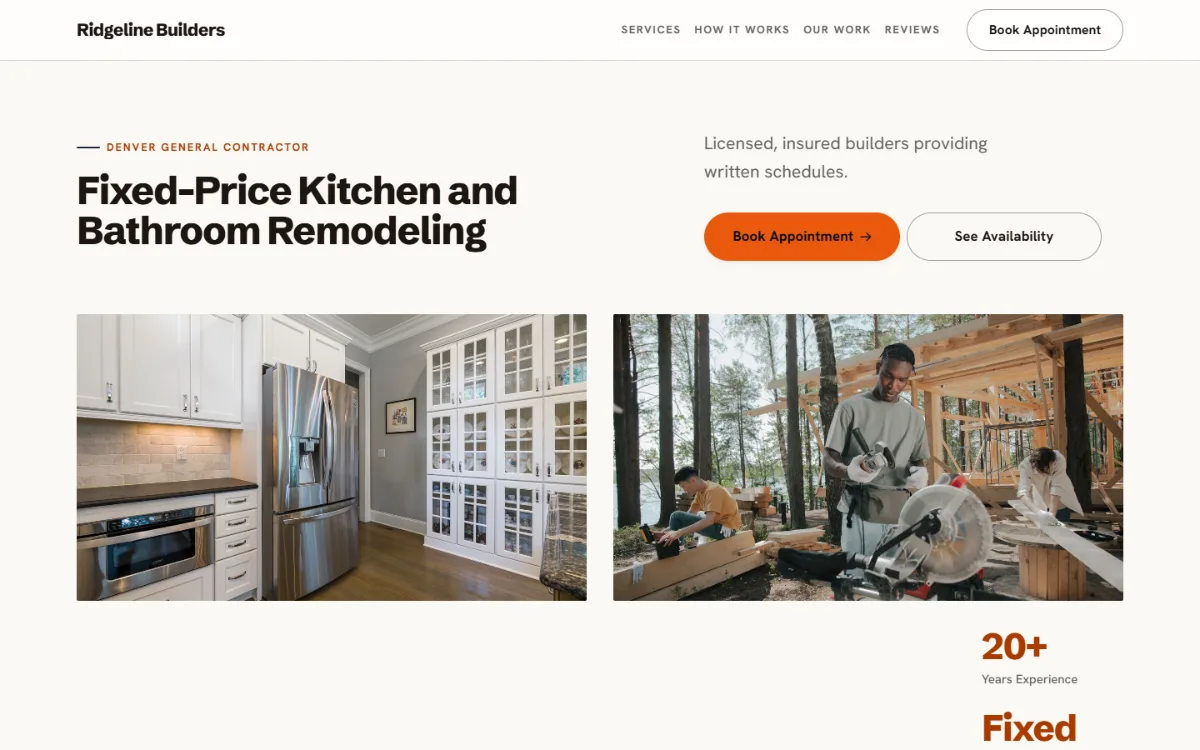 Bright contractor website template: light and airy, with two photos under the headline