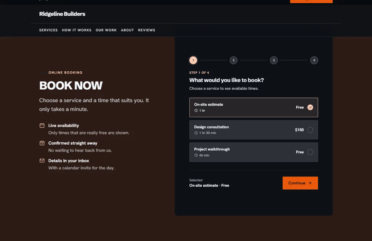 Online booking form on the Dark contractor website template: customers choose a service, then a free time
