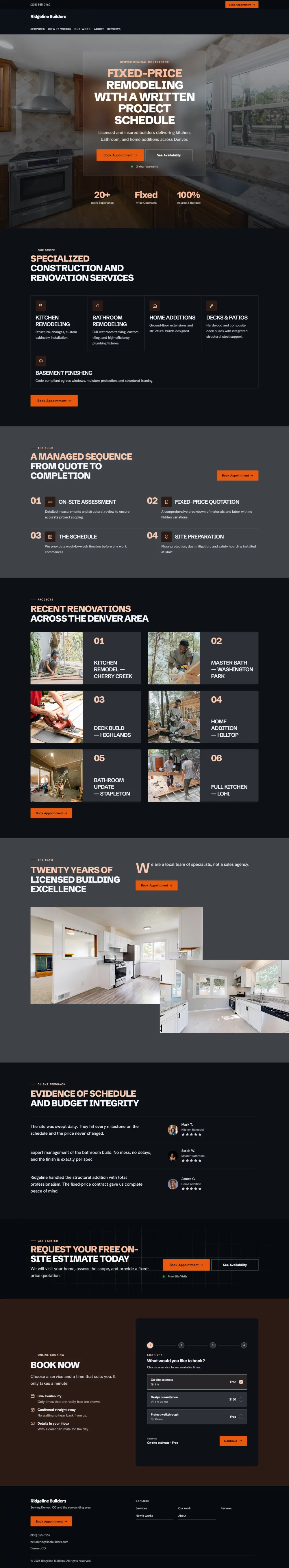 Dark contractor website template, the whole home page: dark mode throughout, with a glass card over the photo