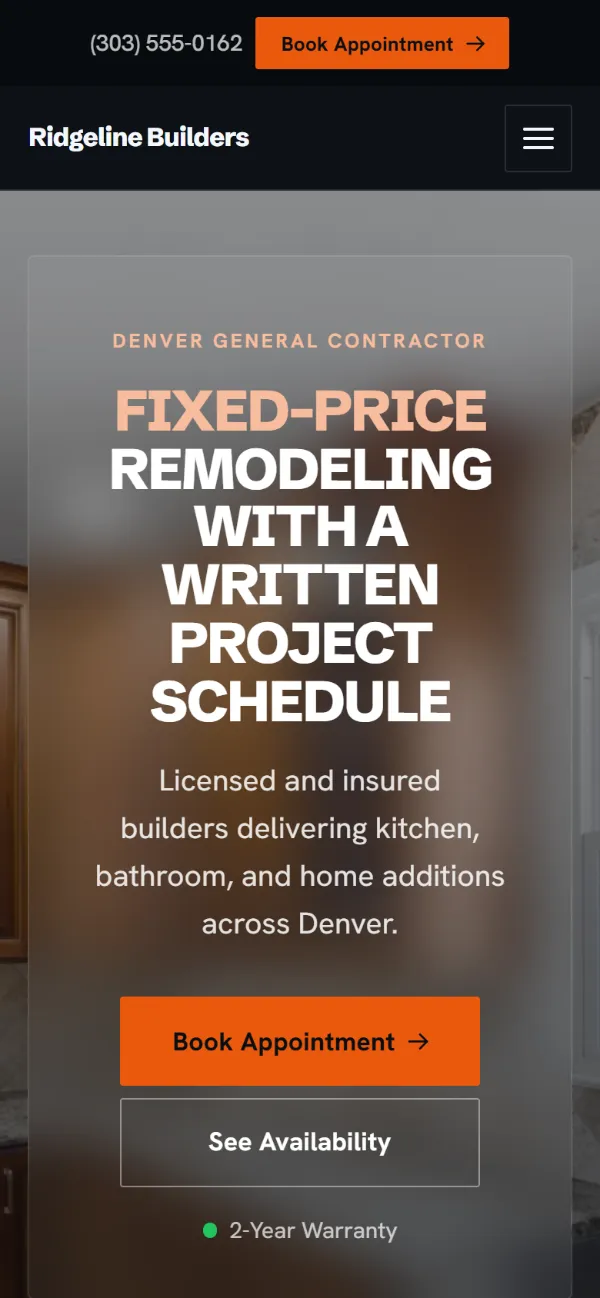 Dark contractor website template on a phone: dark mode throughout, with a glass card over the photo