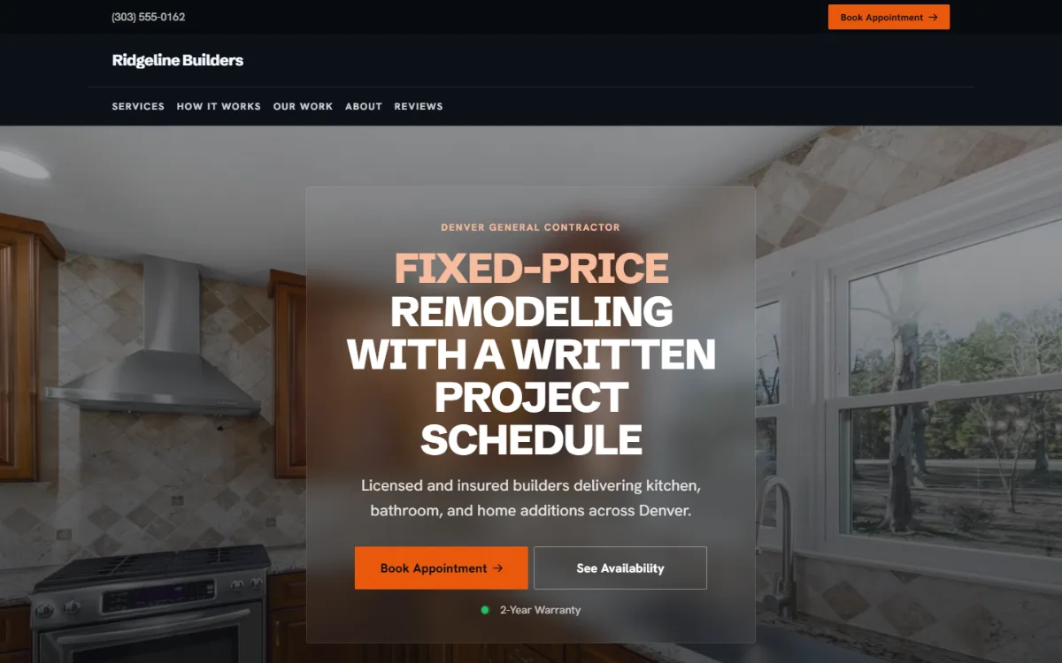 Dark contractor website template: dark mode throughout, with a glass card over the photo