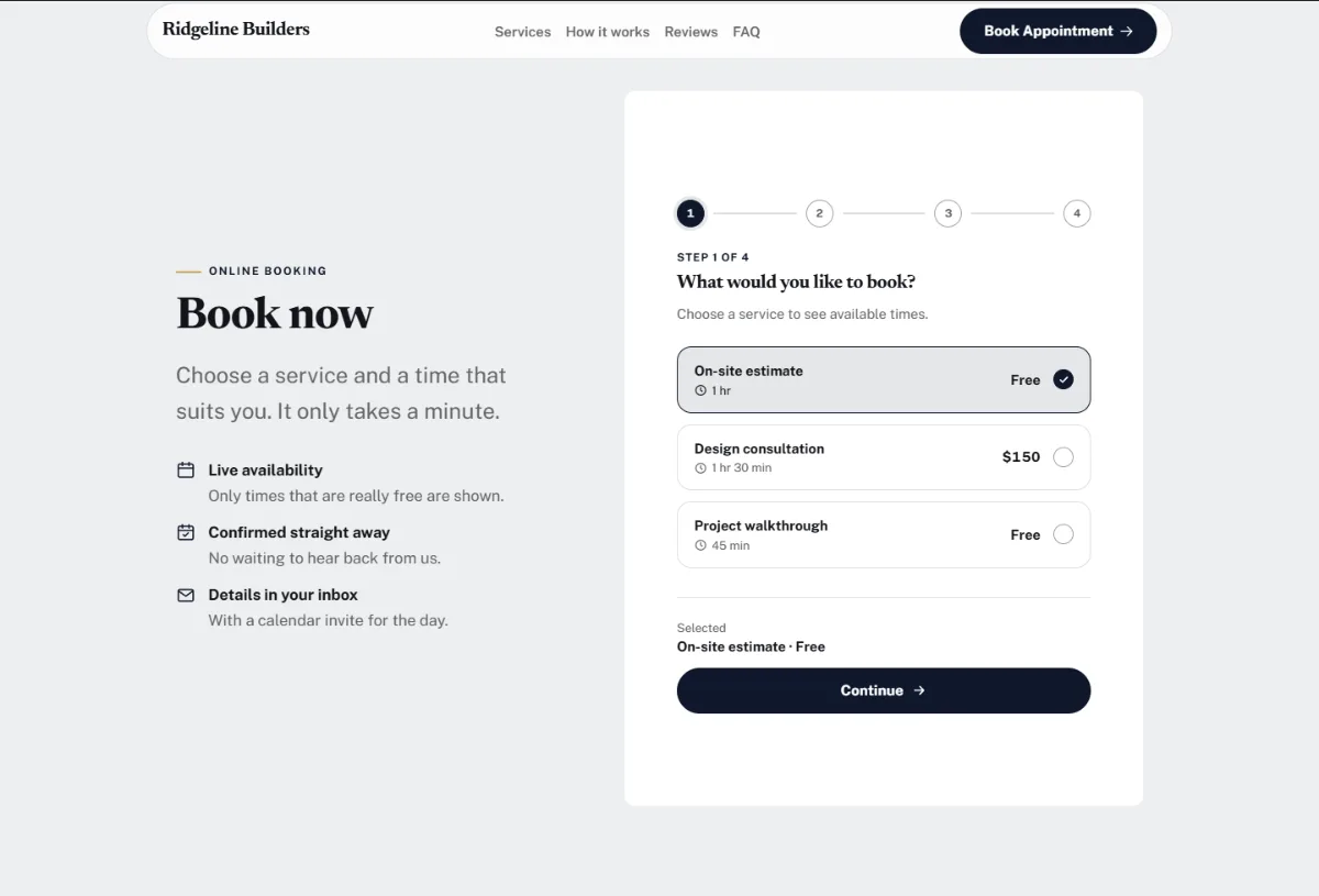Online booking form on the Luxury contractor website template: customers choose a service, then a free time