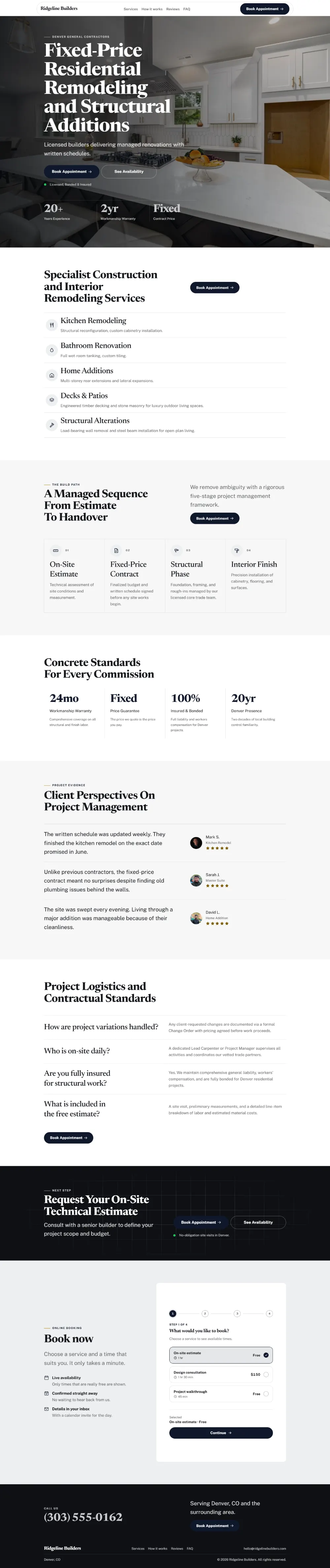 Luxury contractor website template, the whole home page: dark and understated, with a serif headline over a full-width photo