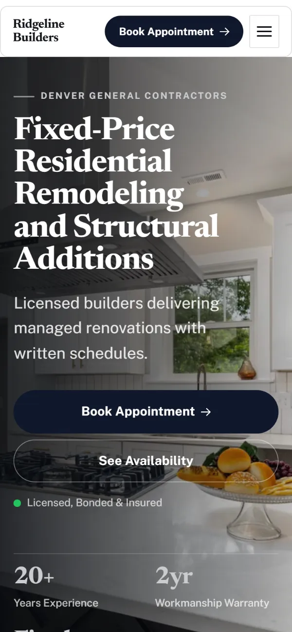 Luxury contractor website template on a phone: dark and understated, with a serif headline over a full-width photo