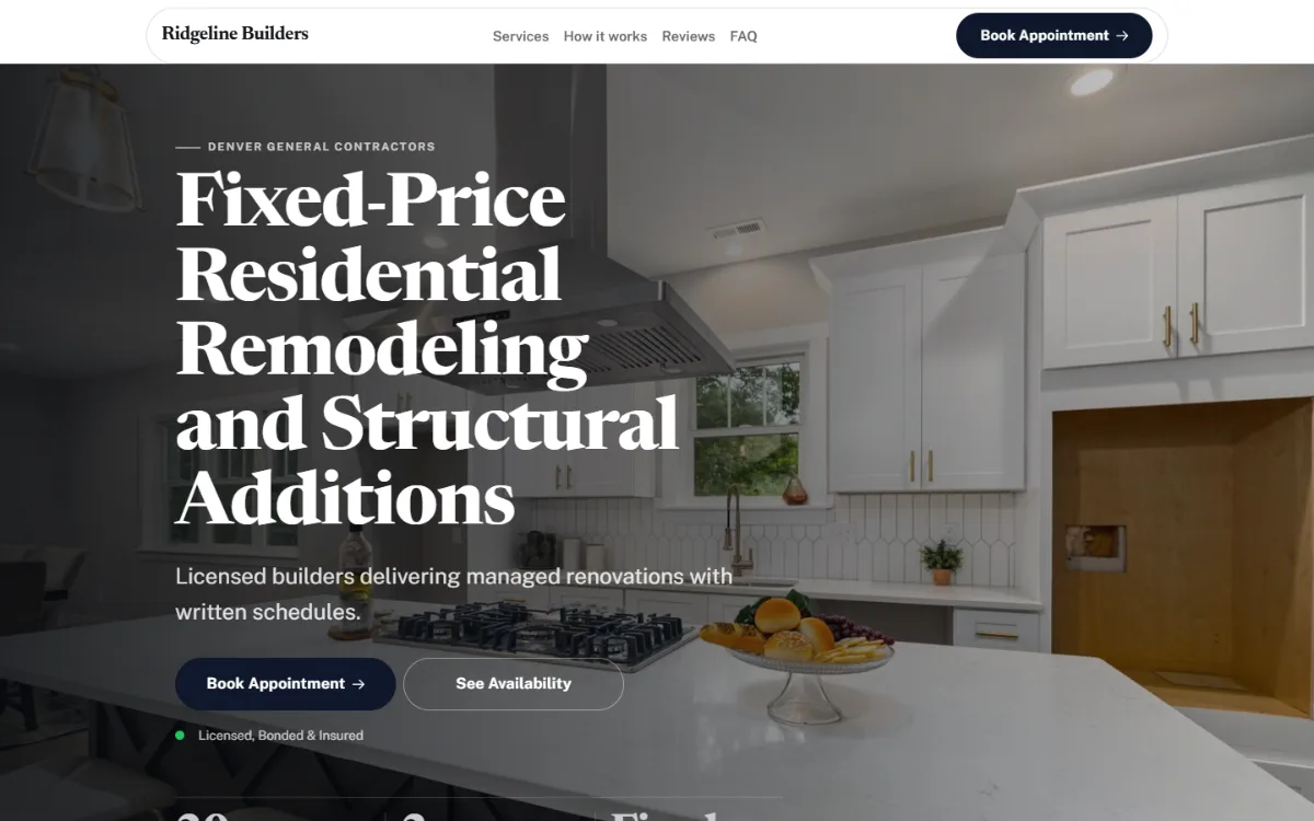 Luxury contractor website template: dark and understated, with a serif headline over a full-width photo