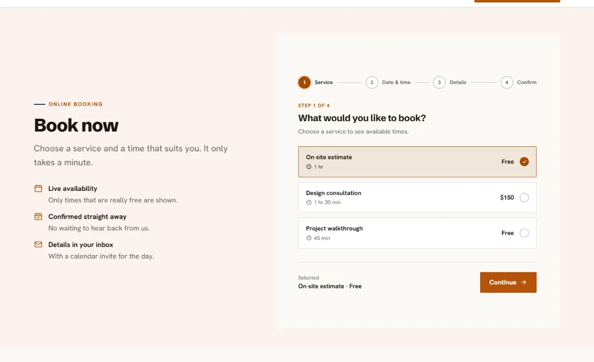 Online booking form on the Professional contractor website template: customers choose a service, then a free time