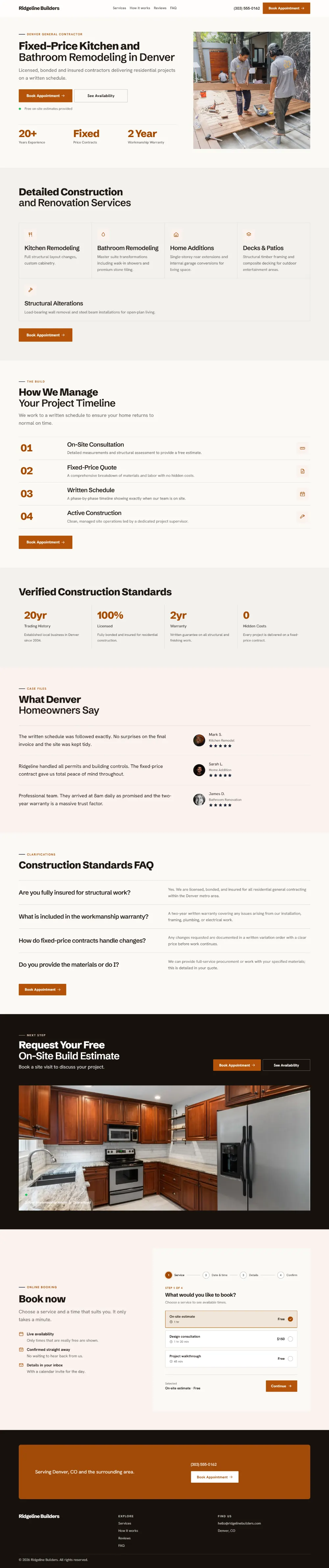 Professional contractor website template, the whole home page: clean and structured, with a photo beside the headline