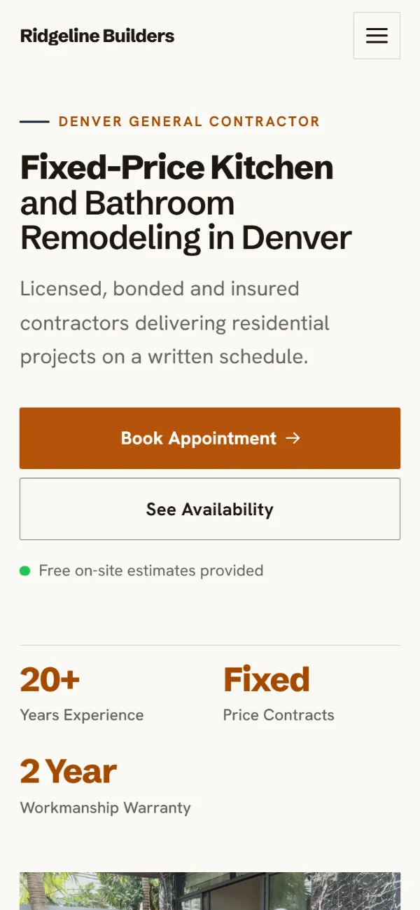 Professional contractor website template on a phone: clean and structured, with a photo beside the headline