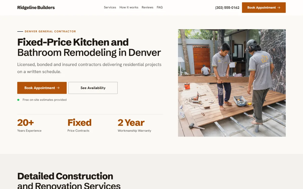 Professional contractor website template: clean and structured, with a photo beside the headline