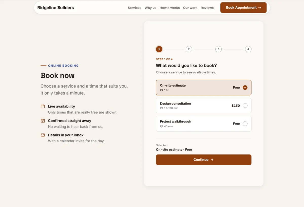 Online booking form on the Warm contractor website template: customers choose a service, then a free time