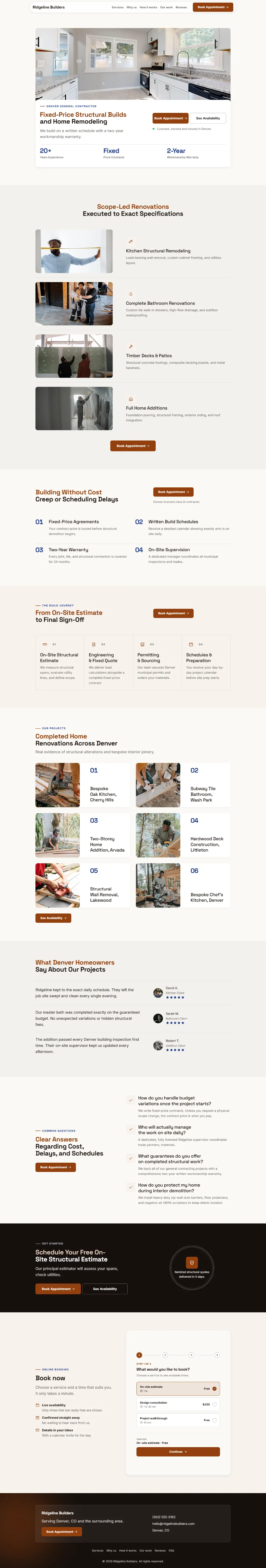 Warm contractor website template, the whole home page: soft cards and warm colours under a wide photo