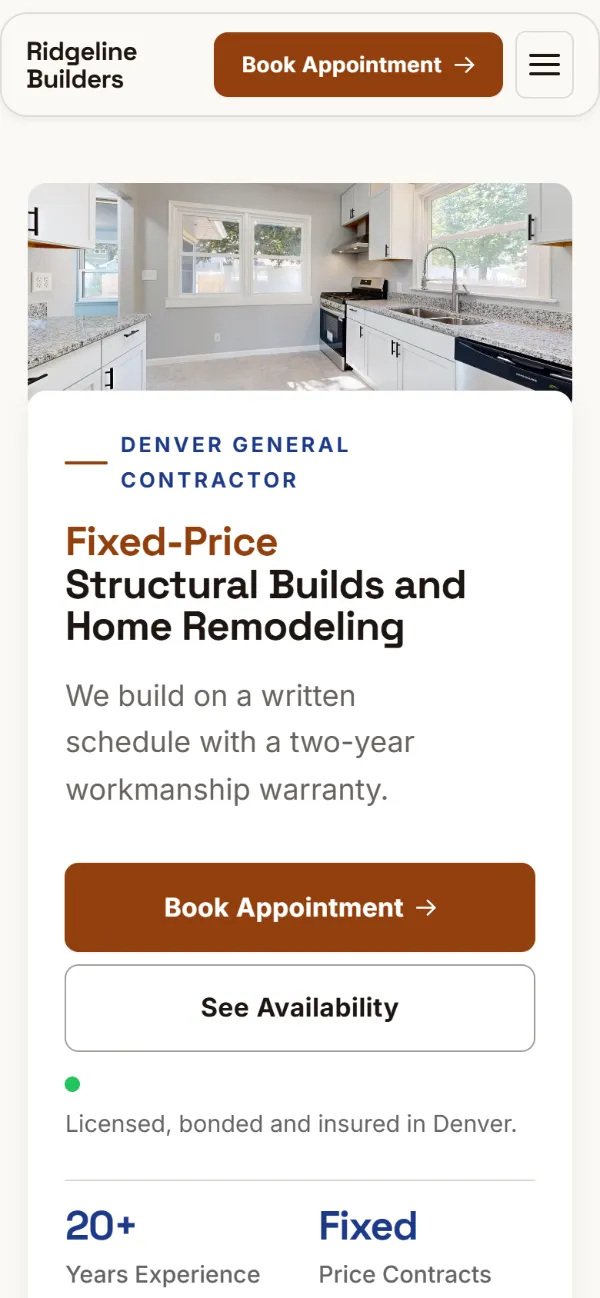 Warm contractor website template on a phone: soft cards and warm colours under a wide photo