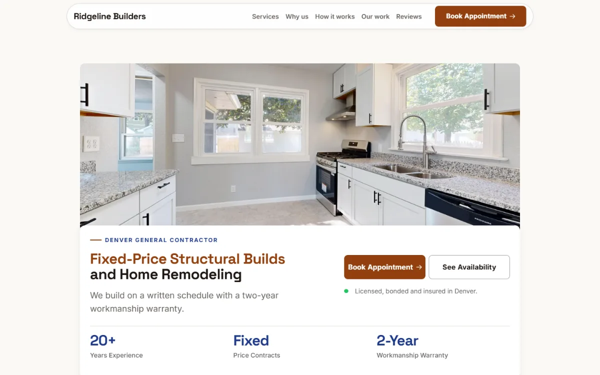 Warm contractor website template: soft cards and warm colours under a wide photo