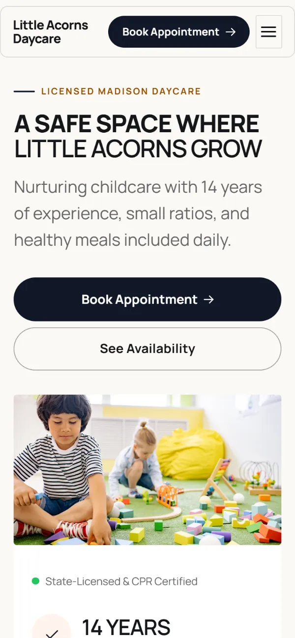 Bold daycare website template on a phone: a dark first screen, big capital headlines and one loud accent colour