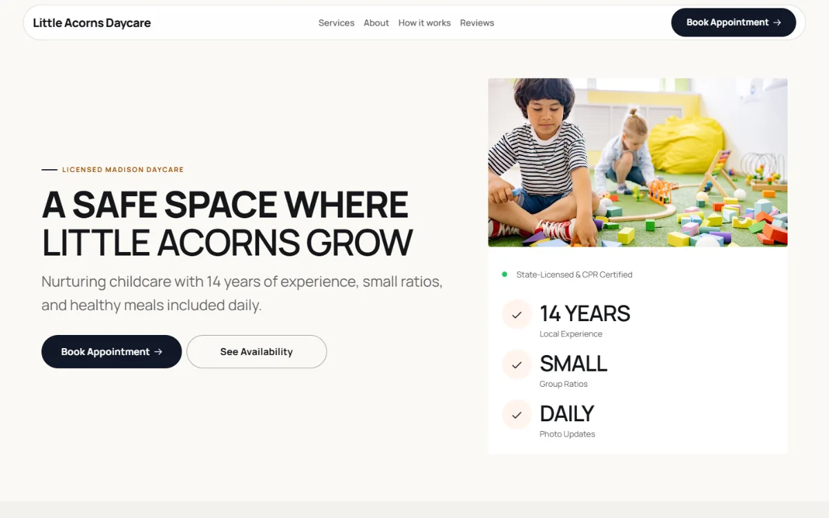 Bold daycare website template: a dark first screen, big capital headlines and one loud accent colour