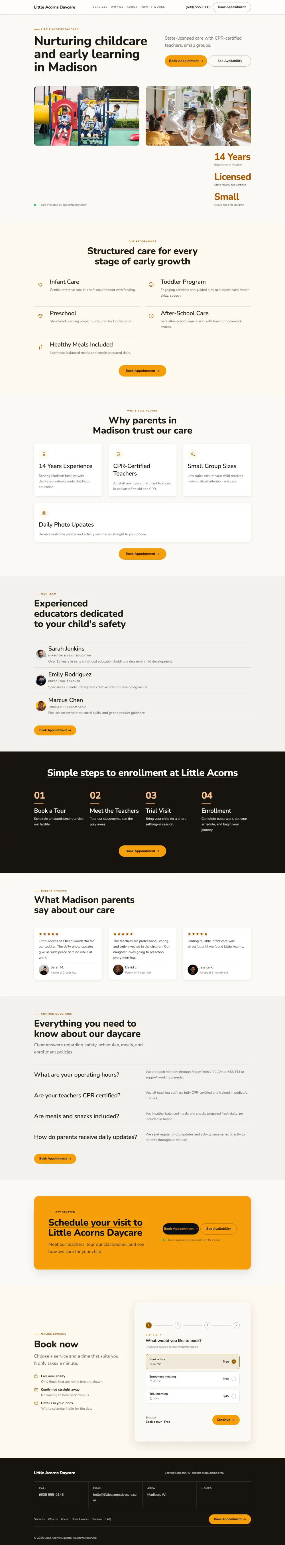 Bright daycare website template, the whole home page: light and airy, with two photos under the headline