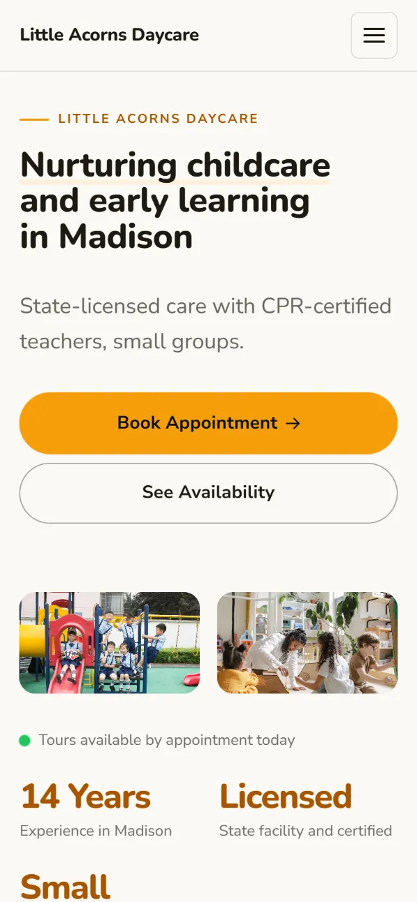 Bright daycare website template on a phone: light and airy, with two photos under the headline