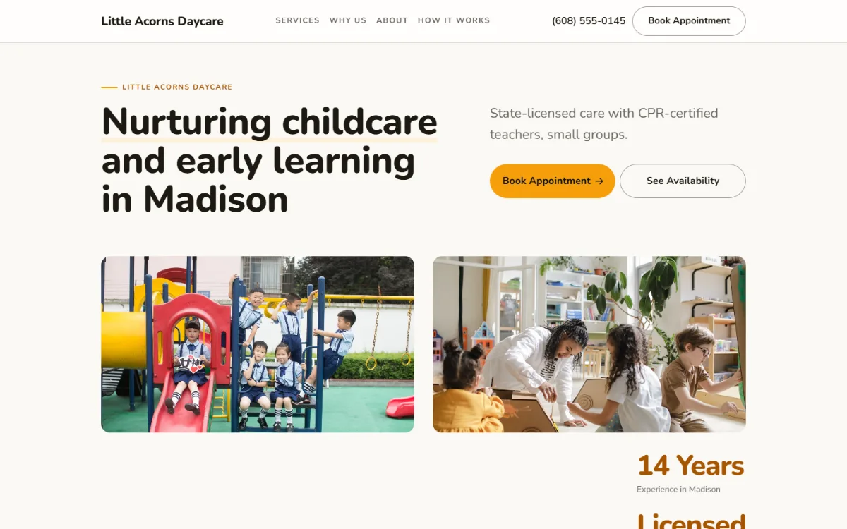 Bright daycare website template: light and airy, with two photos under the headline