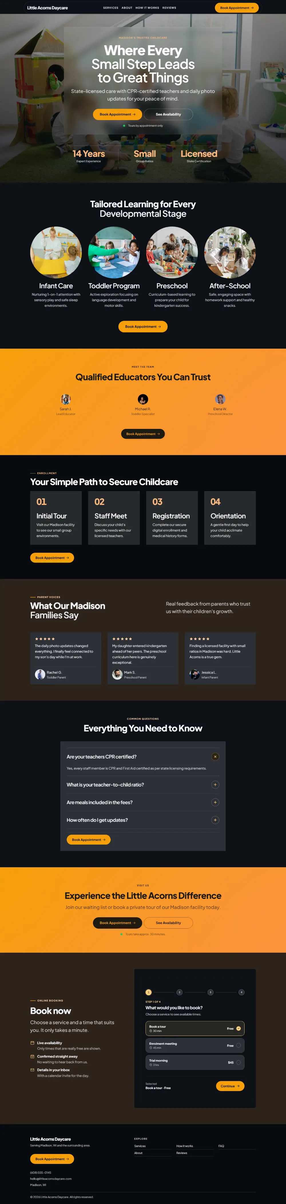 Dark daycare website template, the whole home page: dark mode throughout, with a glass card over the photo