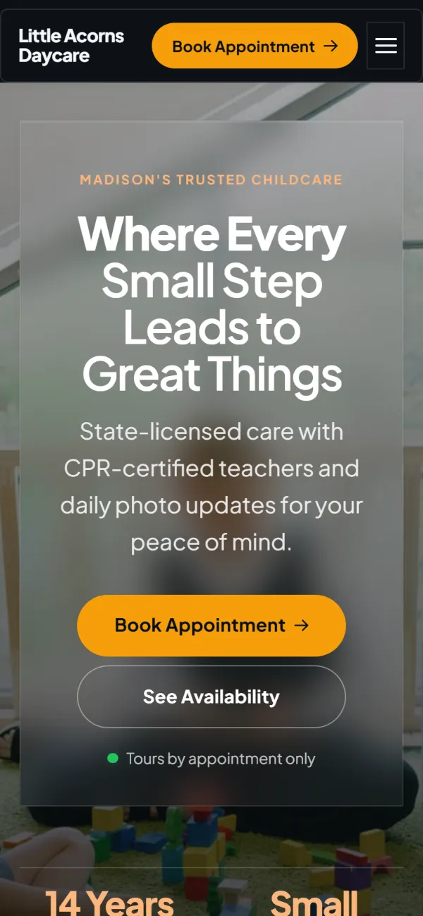 Dark daycare website template on a phone: dark mode throughout, with a glass card over the photo