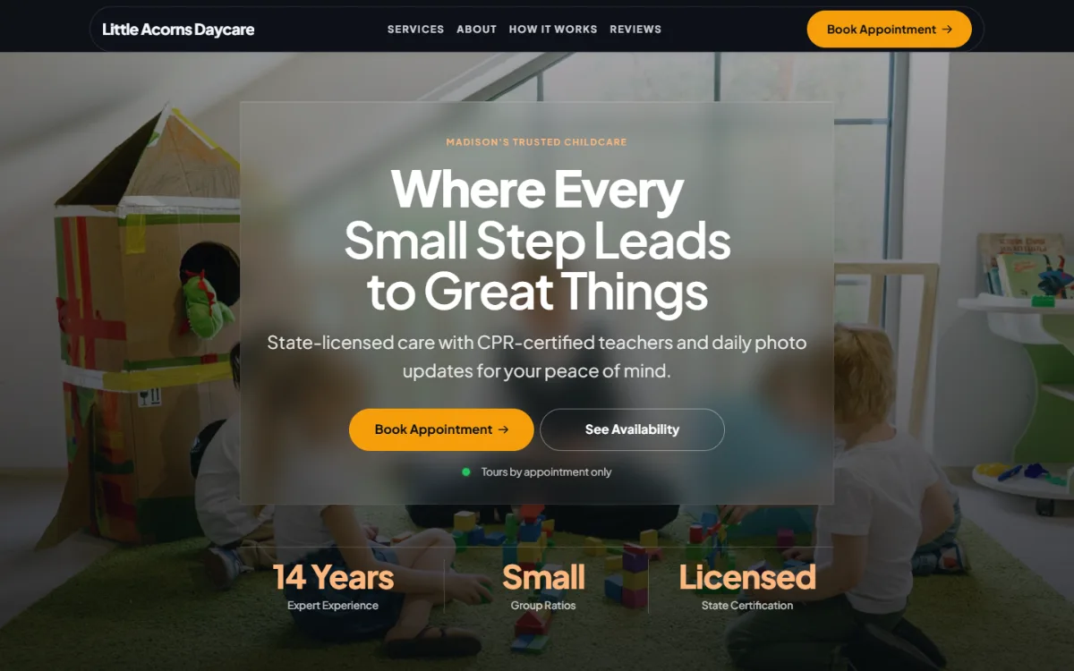 Dark daycare website template: dark mode throughout, with a glass card over the photo