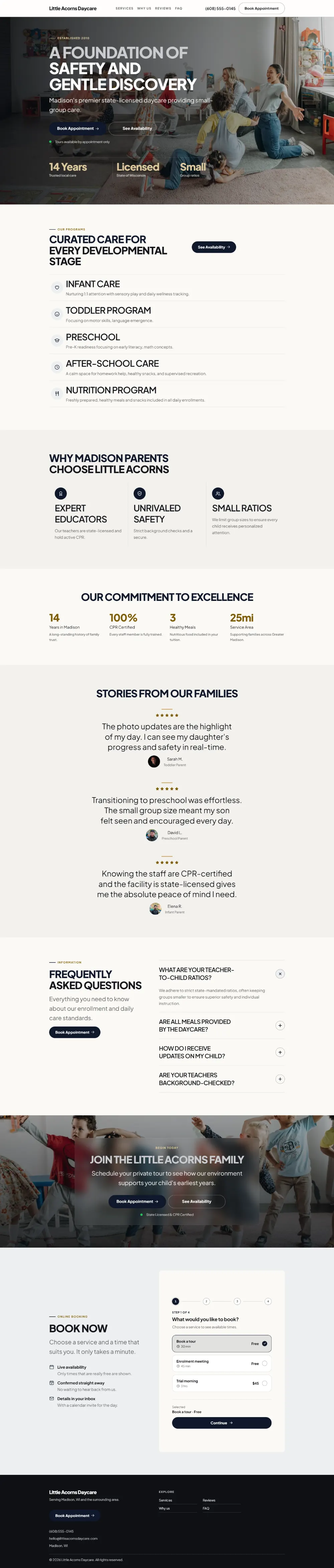 Luxury daycare website template, the whole home page: dark and understated, with a serif headline over a full-width photo