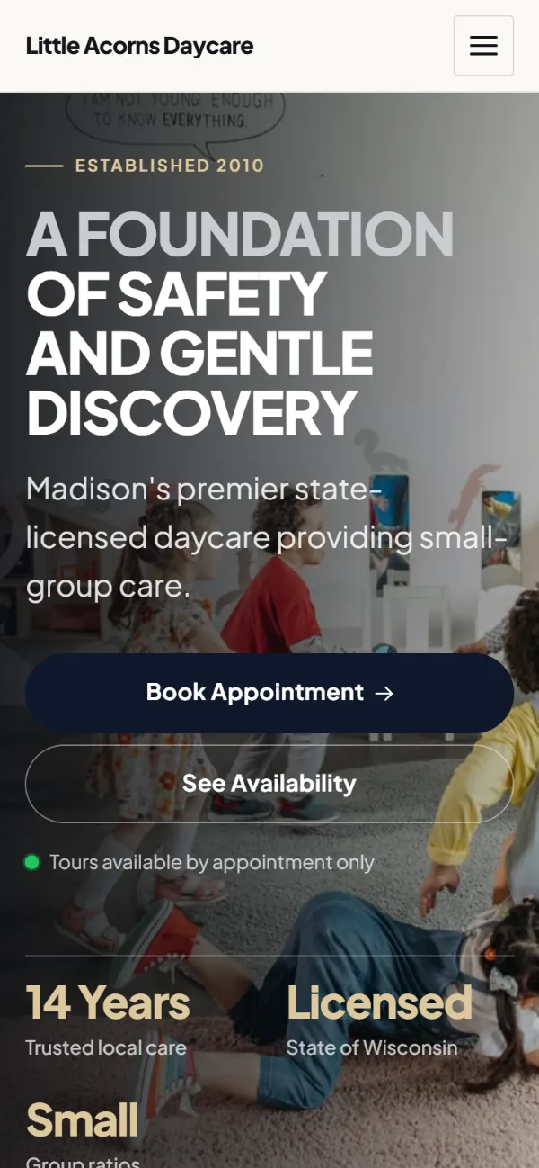 Luxury daycare website template on a phone: dark and understated, with a serif headline over a full-width photo