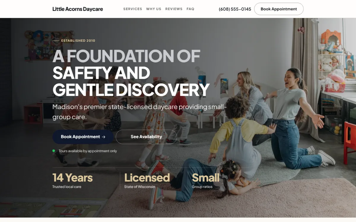 Luxury daycare website template: dark and understated, with a serif headline over a full-width photo
