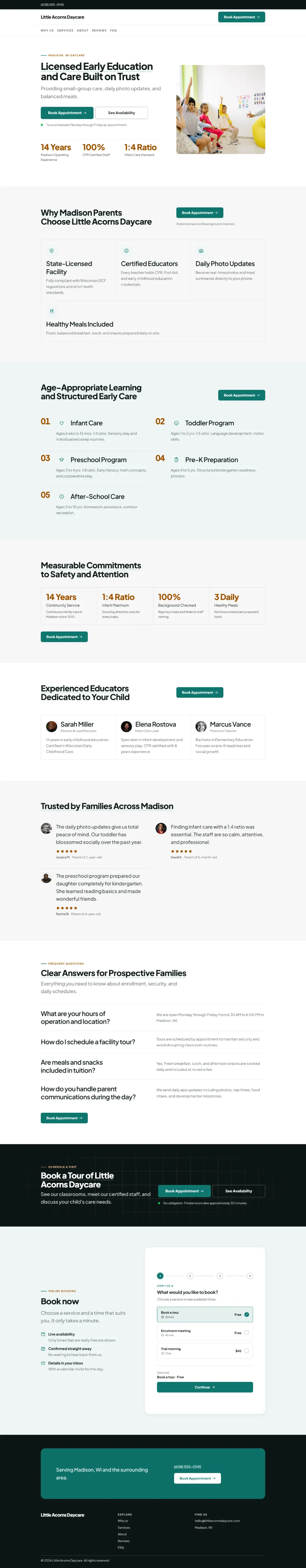 Professional daycare website template, the whole home page: clean and structured, with a photo beside the headline