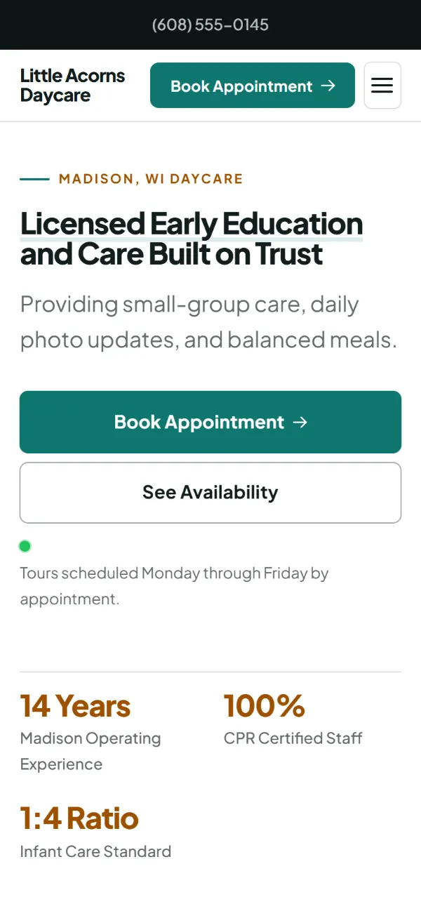 Professional daycare website template on a phone: clean and structured, with a photo beside the headline