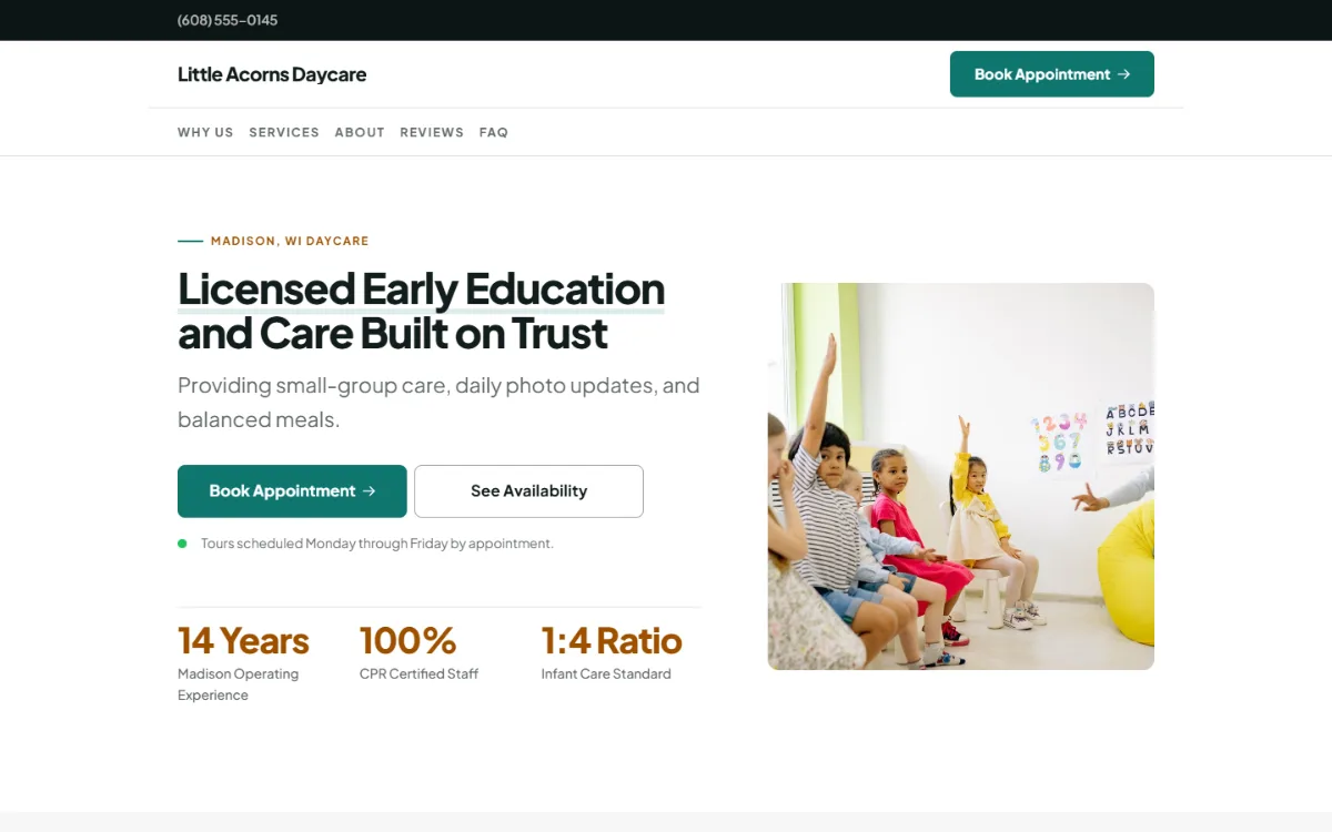 Professional daycare website template: clean and structured, with a photo beside the headline