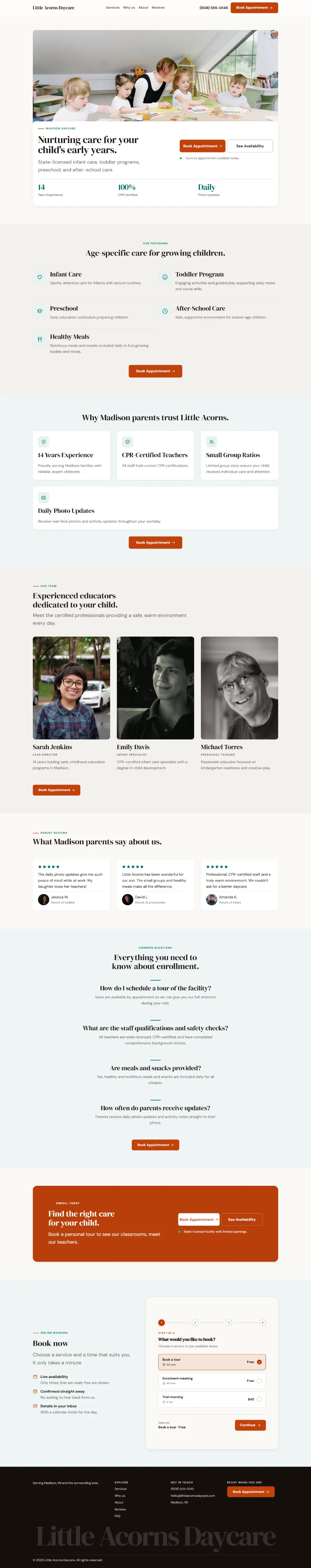 Warm daycare website template, the whole home page: soft cards and warm colours under a wide photo