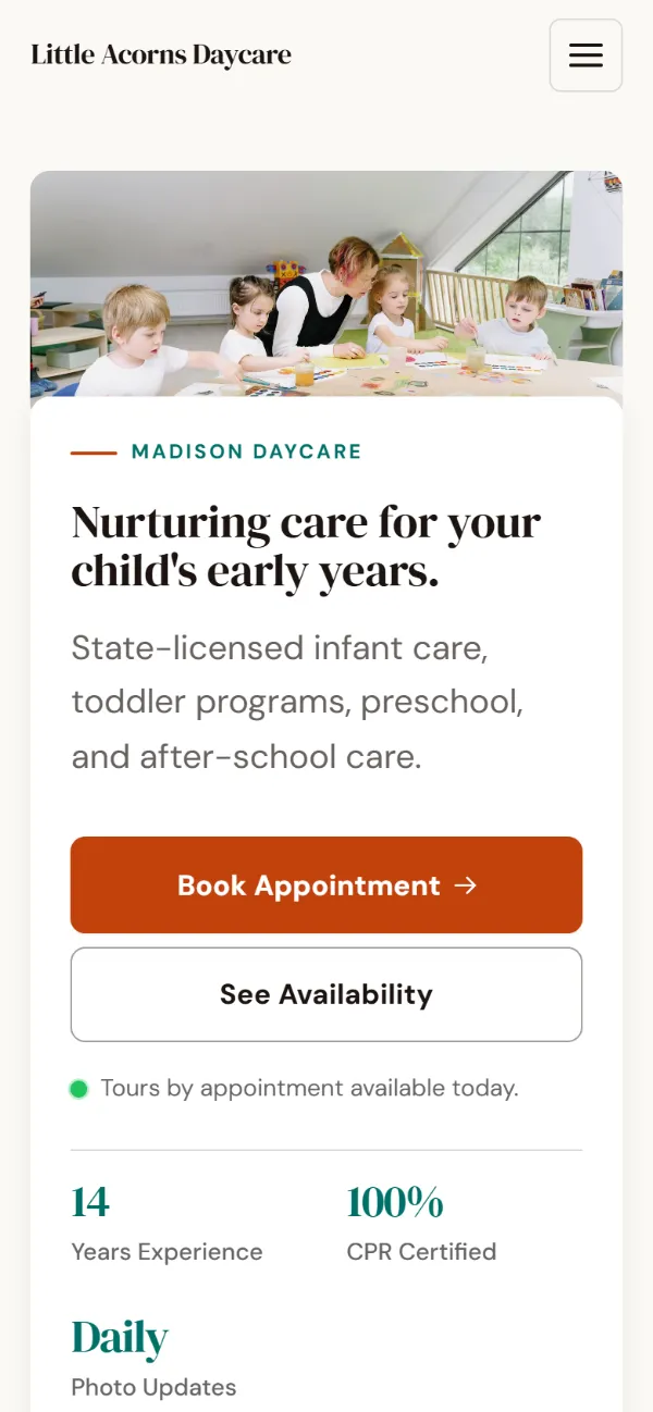 Warm daycare website template on a phone: soft cards and warm colours under a wide photo